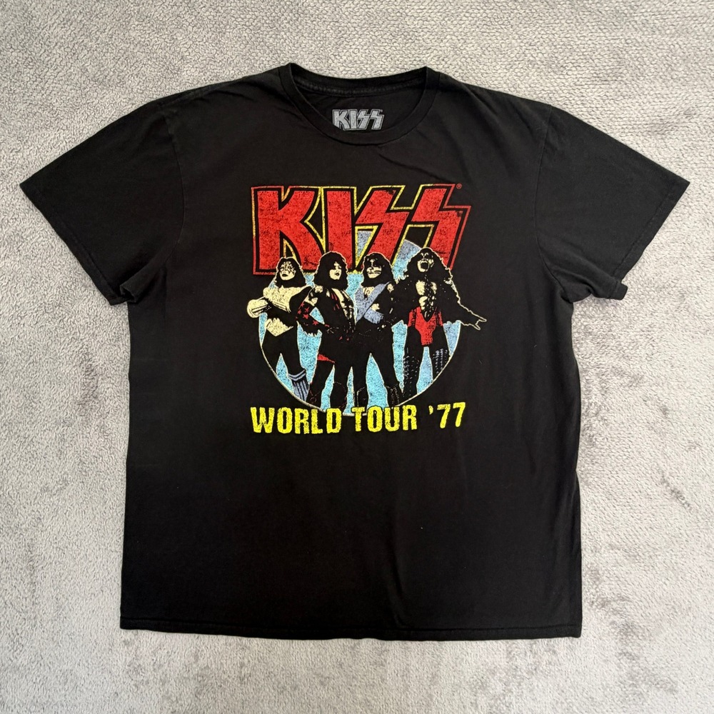 KISS T-Shirt Mens L Black World Tour 77 Graphic Short Sleeve Band Tee